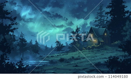極光閃耀的森林裡的小房子 - AI 影像 114049180