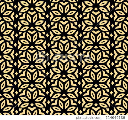 Flower geometric pattern. Seamless vector background. Golden and black ornament Flower geometric pattern. Seamless vector background. Golden and black ornament 114049186