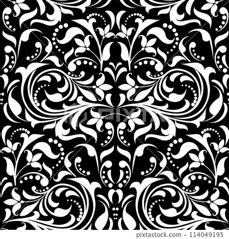Wallpaper in the style of Baroque. Seamless vector background. White and black floral ornament. Graphic pattern for fabric, wallpaper, packaging. Ornate Damask flower ornament. 114049195