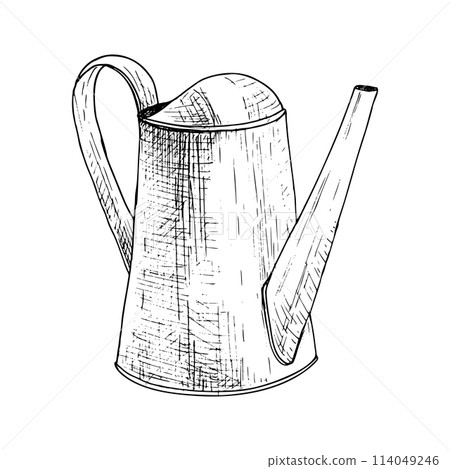 Watering can metal vector illustration. Curved gardening growth water. Black outline graphic drawing. Ink line contour silhouette outline. Instrument tool irritation grow. Horticulture grass lawn work 114049246