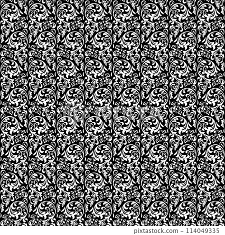 Floral pattern. Vintage wallpaper in the Baroque style. Seamless vector background. White and black ornament for fabric, wallpaper, packaging. Ornate Damask flower ornament. Floral pattern. Vintage wallpaper in the Baroque style. Seamless vector background. White and black ornament for fabric, wallpaper, packaging. Ornate Damask flower ornament. 114049335