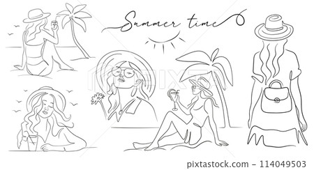 Set of fashionable girls on vacation in line art style for summer design, text in hand drawn vector illustration 114049503