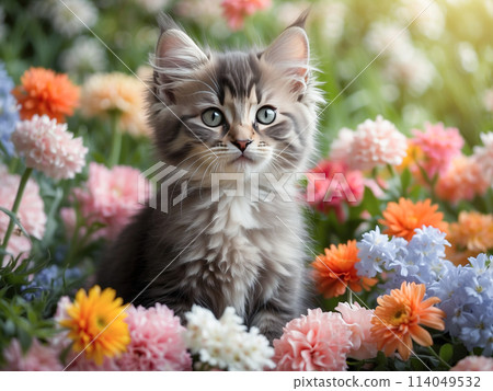 beautiful kitten, cat surrounded by fresh flowers outdoors 114049532