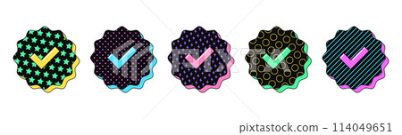 Isolated retro black Verified badge icon set, vector stickers. Blue tick checkmark tag, verified user, certified and original account. Textured Verification mark set, retro design elements for ads Isolated retro black Verified badge icon set, vector stickers. Blue tick checkmark tag, verified user, certified and original account. Textured Verification mark set, retro design elements for ads 114049651