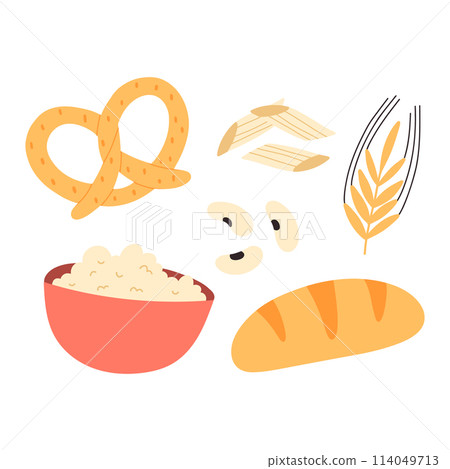 High Carbohydrate Foods Macronutrients. A set of foods rich in carbohydrates. Vector illustration. 114049713