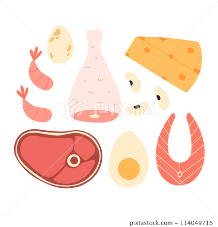 High protein foods. Macronutrients. Set of protein-rich foods.Vector illustration. 114049716