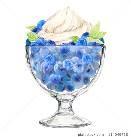 Ripe blueberries in a dessert glass and a beautiful whipped cream top on top. Watercolor illustration. Refreshing summer dessert, frozen yogurt and berries, mint. Clipart for cafe, restaurant menu 114049718