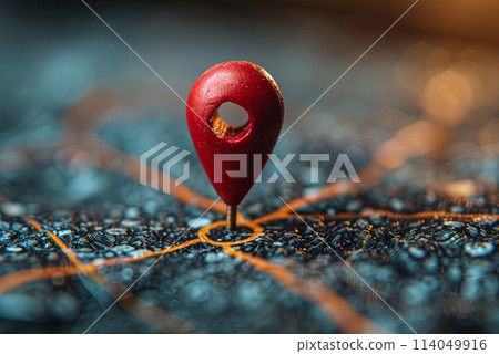 Red pin is placed on a map, indicating a specific location. Concept of direction and purpose 114049916
