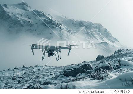 Drone flying over snowy mountains, capturing winter landscape. Smart technology and exploration concept 114049950