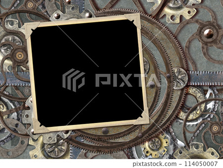 Grunge retro background in steampunk style with photo frame, vintage metal details, pipelines, gear. Mock up template. Copy space for text. Can be used for steampunk, industrial, mechanical design Grunge retro background in steampunk style with photo frame, vintage metal details, pipelines, gear. Mock up template. Copy space for text. Can be used for steampunk, industrial, mechanical design 114050007