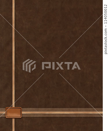 Horizontal or vertical leather background of dark brown colors, decorative strips of leather trim and blank tag. Decorative backdrop with cowhide texture and leather label. Copy space for text 114050012