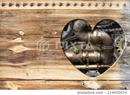 Retro background in steampunk style with heart-shaped hole in wooden boards and vintage metal machine details, pipeline, gear. Copy space for text. Can be used for industrial, mechanical design Retro background in steampunk style with heart-shaped hole in wooden boards and vintage metal machine details, pipeline, gear. Copy space for text. Can be used for industrial, mechanical design 114050014