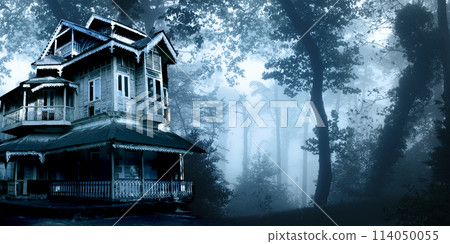 Horizontal Halloween banner with haunted house. Old abandoned house in the night forest. Scary colonial cottage in mysterious forestland. Photo toned in blue color Horizontal Halloween banner with haunted house. Old abandoned house in the night forest. Scary colonial cottage in mysterious forestland. Photo toned in blue color 114050055