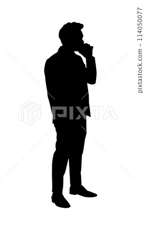 Silhouette of a person standing holding smartphone, the concept uses smart connection mobile online, vector illustration Silhouette of a person standing holding smartphone, the concept uses smart connection mobile online, vector illustration 114050077