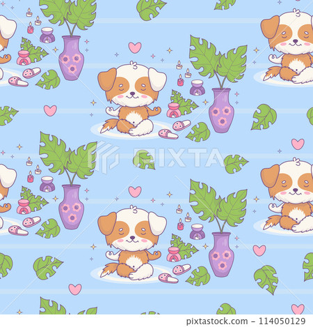 Seamless pattern with dog meditating on blue background with aroma lamp with candles and vase with tropical leaves. Cute funny kawaii animal character. Vector illustration. Kids collection. Seamless pattern with dog meditating on blue background with aroma lamp with candles and vase with tropical leaves. Cute funny kawaii animal character. Vector illustration. Kids collection. 114050129
