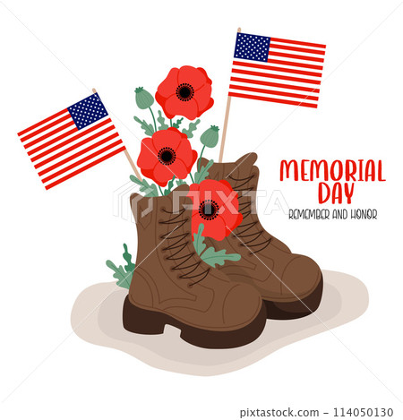 Military veteran boots with red poppy flowers and American flags. Memorial Day postcard. Vector illustration for design national traditional holidays. Military veteran boots with red poppy flowers and American flags. Memorial Day postcard. Vector illustration for design national traditional holidays. 114050130
