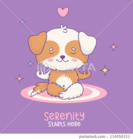 Cute dog meditating . Funny cartoon kawaii character animal. Card with pet yogi sitting in an asana. Vector illustration. Kids collection. Cute dog meditating . Funny cartoon kawaii character animal. Card with pet yogi sitting in an asana. Vector illustration. Kids collection. 114050131