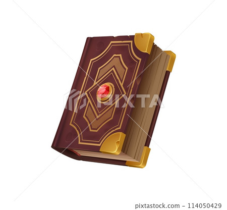 Game book in cover frame, fantasy magic book with old vintage paper pages, cartoon vector. Game book with red crystal gem on antique leather cover, fairy tale or magic game asset and GUI element Game book in cover frame, fantasy magic book with old vintage paper pages, cartoon vector. Game book with red crystal gem on antique leather cover, fairy tale or magic game asset and GUI element 114050429
