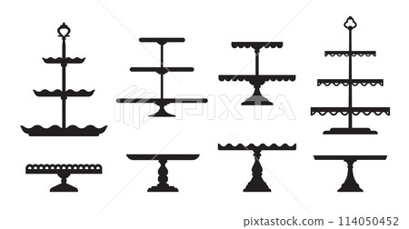 Wedding cake stands and platter trays or dessert plates and table tiers, vector silhouette icons. Wedding cake serving stand or pastry platters for restaurant food, bakery pies podium or level tray Wedding cake stands and platter trays or dessert plates and table tiers, vector silhouette icons. Wedding cake serving stand or pastry platters for restaurant food, bakery pies podium or level tray 114050452