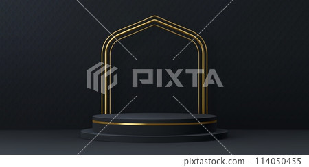 Ramadan podium, golden Islamic arch on black stage for Muslim holiday, vector background. Round platform podium or display mockup with golden arch frame in shape of Islam mosque window frame 114050455