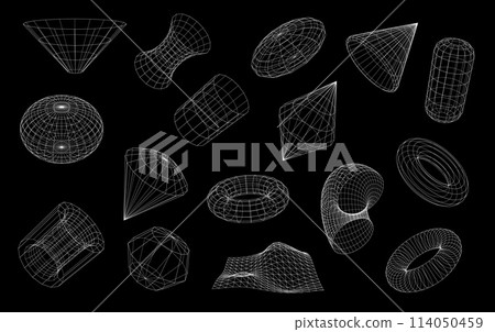 3D wireframe shapes and wire mesh grid forms, brutal and retro perspective tech, abstract vector. Wireframe globe sphere, tunnel and cone pyramid with polygon and funnel in 3D wire line mesh 3D wireframe shapes and wire mesh grid forms, brutal and retro perspective tech, abstract vector. Wireframe globe sphere, tunnel and cone pyramid with polygon and funnel in 3D wire line mesh 114050459