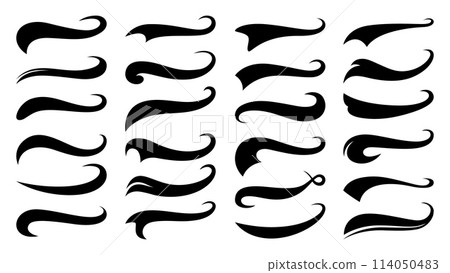 Baseball swoosh tails, isolated black vector curly lines, text underlines. Sports swash shapes set in retro style. Swirl strokes, swish typography font elements for athletics, baseball decoration 114050483