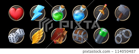 Game asset icons vector set. Fantasy sword, lightning flash and heart, golden wings, magic potion flasks, dice and battery with handcuffs. Cartoon 3d gui spell book, hammer, treasure chest with a loot 114050487