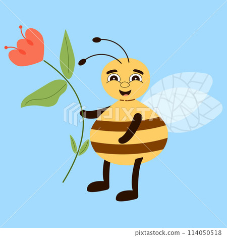 Cute happy bee with flower Cartoon style Kids Illustration Emotions Flat style 114050518