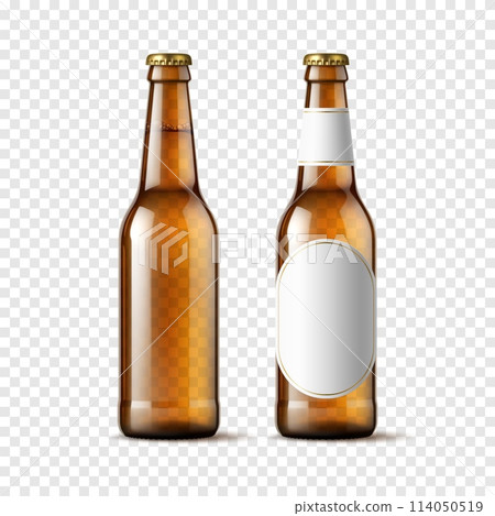 Realistic beer bottle, transparent brown glass bottle mockup with blank label. Isolated 3d vector flask with thin neck, metal lid and liquid within. Alcohol beverage, beer drink container mock up 114050519
