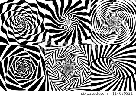 Hypnotic spiral swirl, psychedelic hypnosis patterns. Vector swirling black and white backgrounds with spinning vortex. Optical illusions twists, twirls and radiant stripes for hypnotherapy effect 114050521