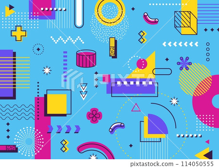Abstract modern Memphis geometric background. Vector trendy ornament of 80s 90s hipster style. Pattern with colorful shapes, modern elements, surreal figures, lines, dots, circles, triangles, waves 114050555