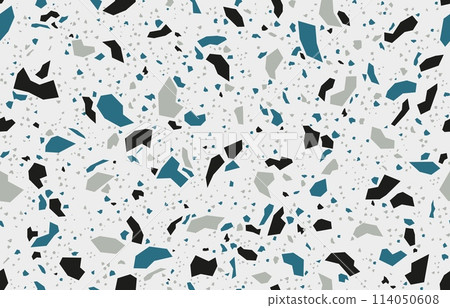 Stone terrazzo mosaic tile pattern with marble floor texture background, seamless vector. Terrazzo mosaic pattern with abstract irregular ceramic broken pieces of black, gray and turquoise green tile Stone terrazzo mosaic tile pattern with marble floor texture background, seamless vector. Terrazzo mosaic pattern with abstract irregular ceramic broken pieces of black, gray and turquoise green tile 114050608