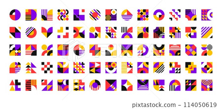 Abstract square geometric pattern. Vector vibrant ornaments with bold colors, squares, circles, triangle figures and clean lines. Striking mosaic blocks and modern visual creative composition elements Abstract square geometric pattern. Vector vibrant ornaments with bold colors, squares, circles, triangle figures and clean lines. Striking mosaic blocks and modern visual creative composition elements 114050619