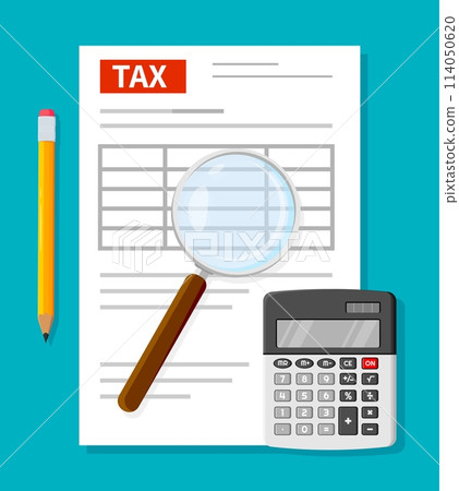 Tax form, pencil, a magnifying glass, and a calculator, representing tax preparation. Vector document used to report income, deductions, and credits to calculate and pay taxes owed to the government Tax form, pencil, a magnifying glass, and a calculator, representing tax preparation. Vector document used to report income, deductions, and credits to calculate and pay taxes owed to the government 114050620