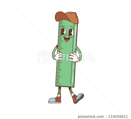 Cartoon retro groovy school ruler character. Isolated vector cheerful and funny stationery, measuring ruler tool with a smiling face. Joyful school personage, ready to measure and educate students Cartoon retro groovy school ruler character. Isolated vector cheerful and funny stationery, measuring ruler tool with a smiling face. Joyful school personage, ready to measure and educate students 114050621