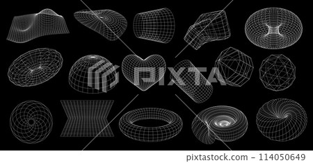 Wireframe shapes of 3D mesh grid in geometric abstract perspective, vector futuristic elements. 3D wireframe globe sphere, heart or spiral tunnel with torus, hemisphere and wormhole in wire frame wave 114050649