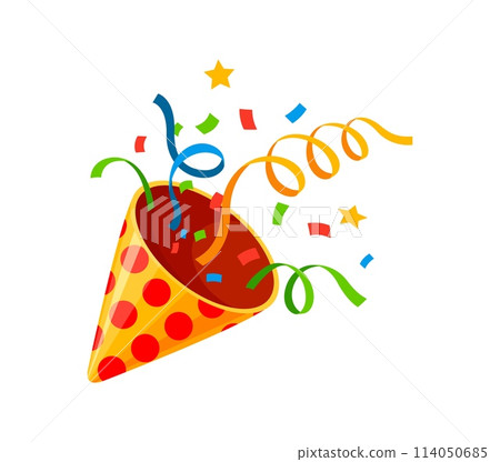Holiday popper cone or firecracker with confetti ribbons for birthday party, cartoon vector. Birthday carnival or festival celebration popper cone with dots pattern and stars confetti explosion Holiday popper cone or firecracker with confetti ribbons for birthday party, cartoon vector. Birthday carnival or festival celebration popper cone with dots pattern and stars confetti explosion 114050685