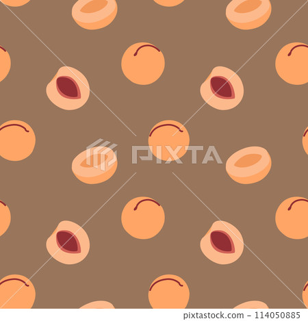 Seamless pattern with peaches on dark background. Contemporary abstract flat design for decor, covers, paper. Cute vector illustration. 114050885