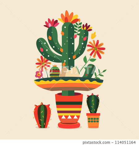 Cinco De Mayo Celebration in Mexico with Cactus Plant and Flower Floral Decoration 114051164