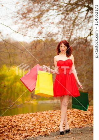autumn shopper woman with sale bags outdoor in park autumn shopper woman with sale bags outdoor in park 114052173