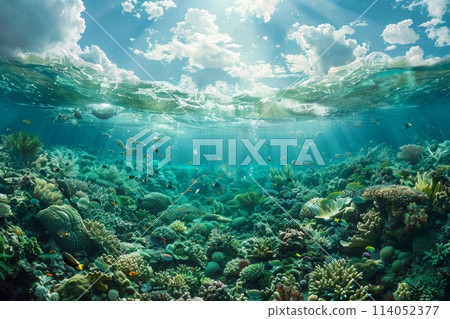 The underwater world. Animals of the underwater marine world. The ecosystem. World Ocean Day 114052377