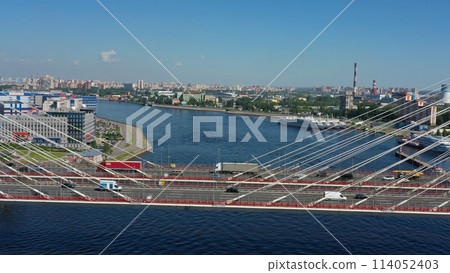 Cable-stayed bridge with cars 114052403