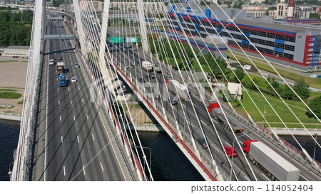 Cable-stayed bridge with cars 114052404