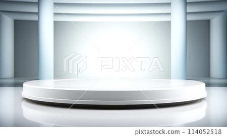 White circular stage podium for stand sample products or objects, platform surrounded by tall, blue columns in background, versatile space for creative purposes, product presentations, exhibitions 114052518