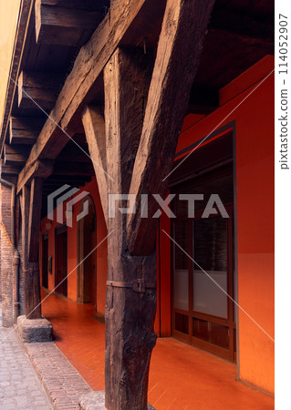 Narrow Bologna alley framed by ancient wooden portico columns Narrow Bologna alley framed by ancient wooden portico columns 114052907