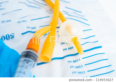 Foley urinary catheter with urine bag for disability or patient in hospital. 114053027