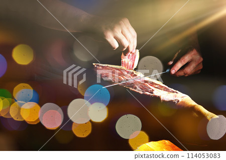 Dry Spanish ham, Jamon Serrano, Bellota, Italian Prosciutto Crudo or Parma ham. 114053083