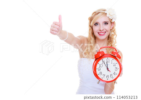 Woman bride holding big red clock Woman bride holding big red clock 114053213