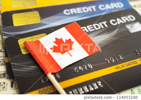 Credit card model with Canada flag, financial investment economy business banking. Credit card model with Canada flag, financial investment economy business banking. 114053280