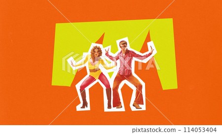 Poster. Contemporary art collage. Talented man and woman dance in pair energetic dances in style of 80s against vibrant background. Trendy magazine style. 114053404